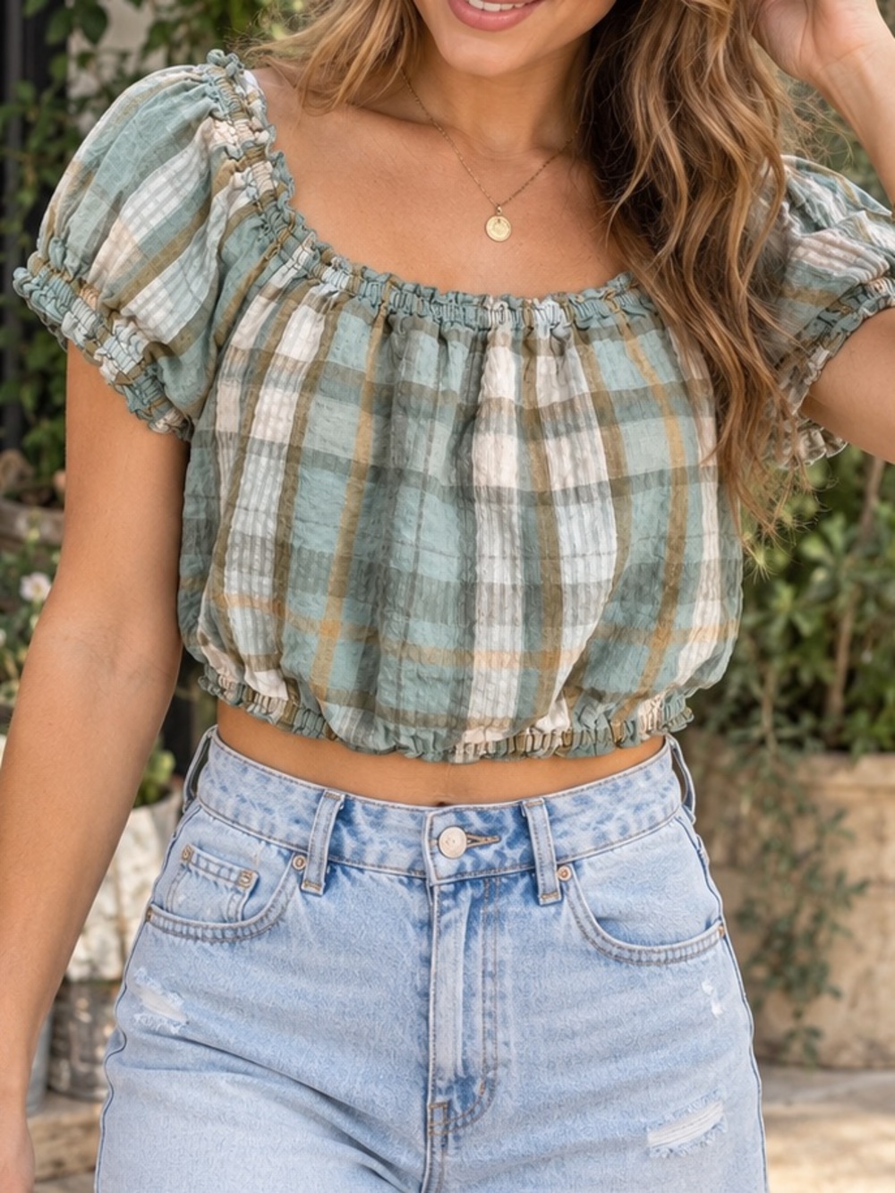 American Eagle Sage Plaid Puff Sleeve Crop Top M Linen Blend Boho